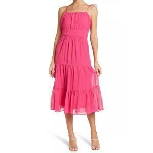 REVOLVE NSR Cami Tie Shoulder Chiffon Midi Dress Square Neck Tiered Barbie Pink